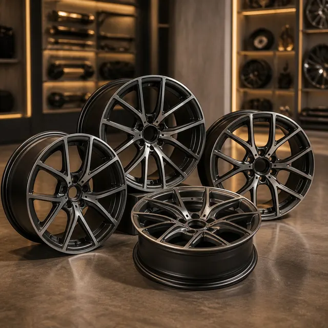 Alloy rims displayed in an automotive accessories showroom