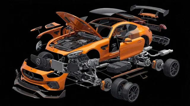 Exploded-view orange performance car showing exterior panels, wheels and technical components