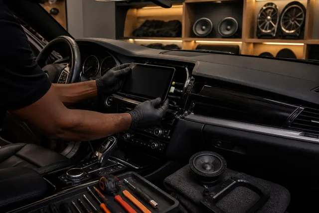 Technician installing an in-car display and audio components