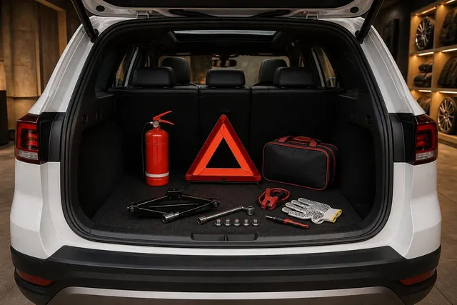 Vehicle boot arranged with extinguisher, C-caution triangle, jack, spanner and emergency tools